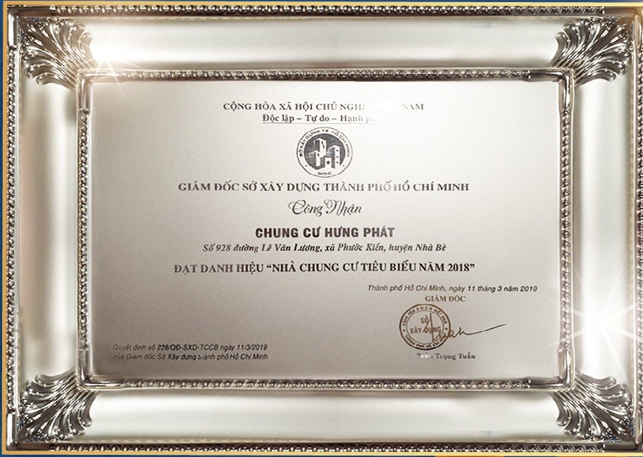 Dự Án Của Cty Hưng Lộc Phát Được Sở Xây Dựng Tp.Hcm Câp Chứng Nhận “Nhà Chung Cư Tiêu Biểu Năm 2018”